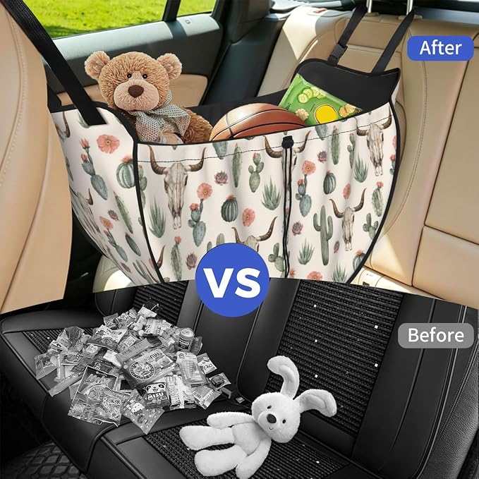 Cactus Skull Floral Car Seat Organizer Backseat Storage Bag, Large Waterproof Vehicle Organizer With Adjustable Straps For Gear Essentials, Fits Most Cars