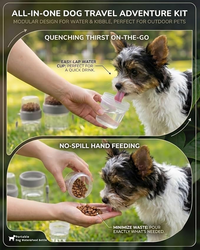Portable Pet Travel Water Bottle and Food Container - 2-in-1 Detachable Dog Travel Cup for Walking, Hiking and Traveling - Leak-Proof, BPA Free & Food Grade Safety Material (Gray, Small Size)