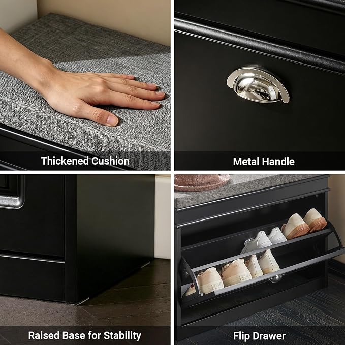 Haotian Shoe Storage Bench with Cushion | Black Narrow Shoe Rack for Entryway, Small Shoe Cabinet with Flip-Drawer, Closet Hallway Mudroom FSR82-L-SCH