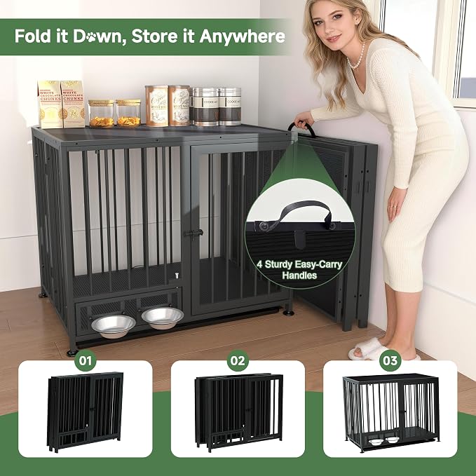 Heavy Duty Dog Crate for Medium Dogs, 3 in 1 37.8" Foldable Collapsible Dog Kennel & Playpen with Wheels & Feeding Bowls, Escape-Proof Metal Dog Cage with Lockable Door for Indoor Outdoor Use, Black