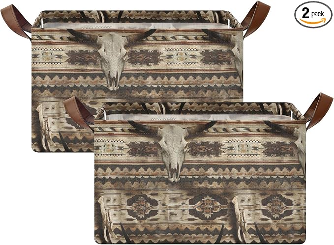 Rustic Western Bull Skull Storage Bins for Shelves with Labels&Handles Fabric Organizer Bin Foldable Rectangle Storage Basket Boxes for Closet, Bathroom, Home, Living Room, 2 Pack