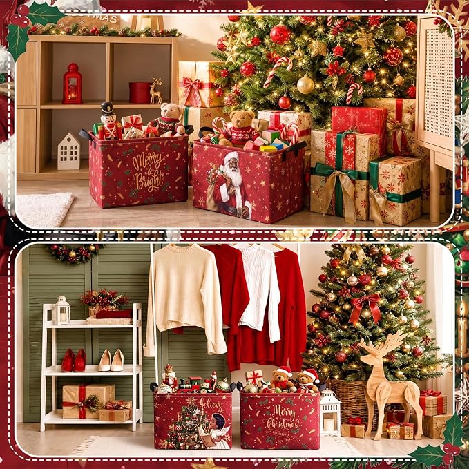 4 Pcs Christmas Storage Basket for Gifts Empty Large Black Santa Storage Bins 15 x 10 x 8 Fabric Laundry Baskets with Handle African American Collapsible Organizer Boxes for Cloth Toys Books