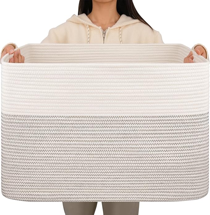 OIAHOMY 108L Extra Large Blanket Basket Dog Toy Basket Black/White | Rectangle Woven Baskets for Storage Cotton Rope Basket For Living Room Toy Storage Blanket Storage Laundry Basket