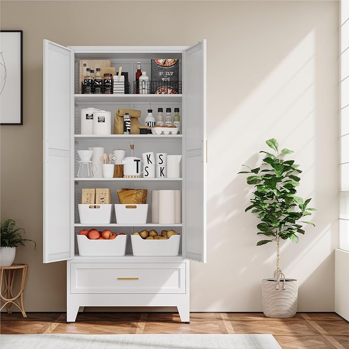YAUWOH 71''Tall Kitchen Pantry Cabinet with Drawer,5-Tiers Metal Pantry Storage Cabinet with 4 Adjustable Shelves and 2 Barn Doors, Freestanding Farmhouse Food Cupboard for Dining Room (1PC,White)