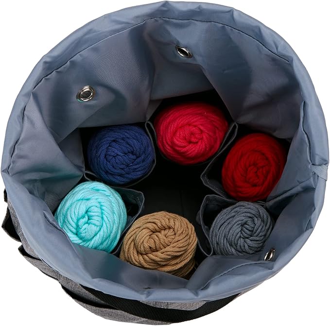 HOMEST Crochet Bag Organizer for Yarn Storage, and Knitting Accessories | Customized front compartment, 6 oversized grommets and drawstring closure for hooks, needles and projects, Grey