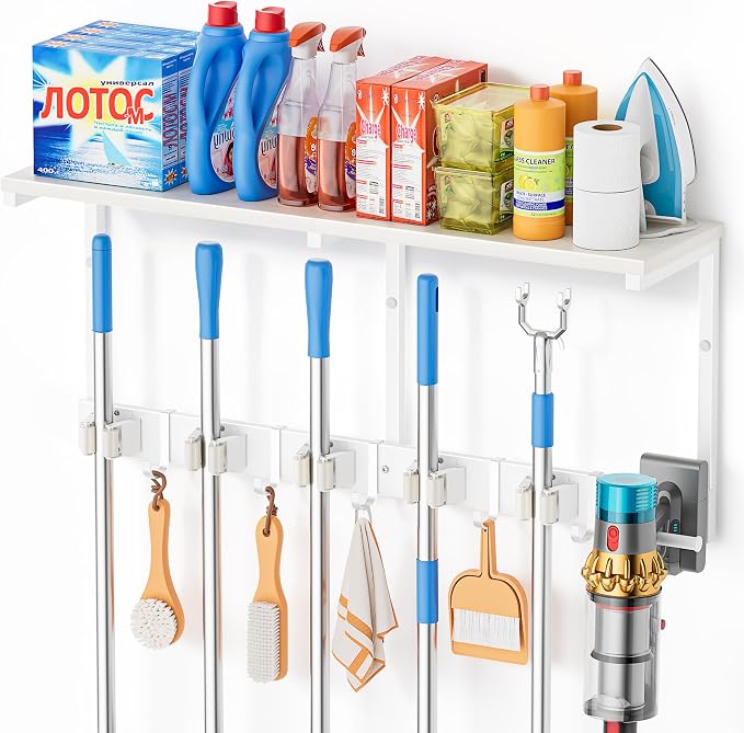 Broom Holder Wall Mount with Cleaning Supplies Organizer, Laundry Room Organization and Storage Shelf with Mop Hanger Rack Gripper Hooks, Utility Shelf Closet Organizer Floating Shelves for Garage