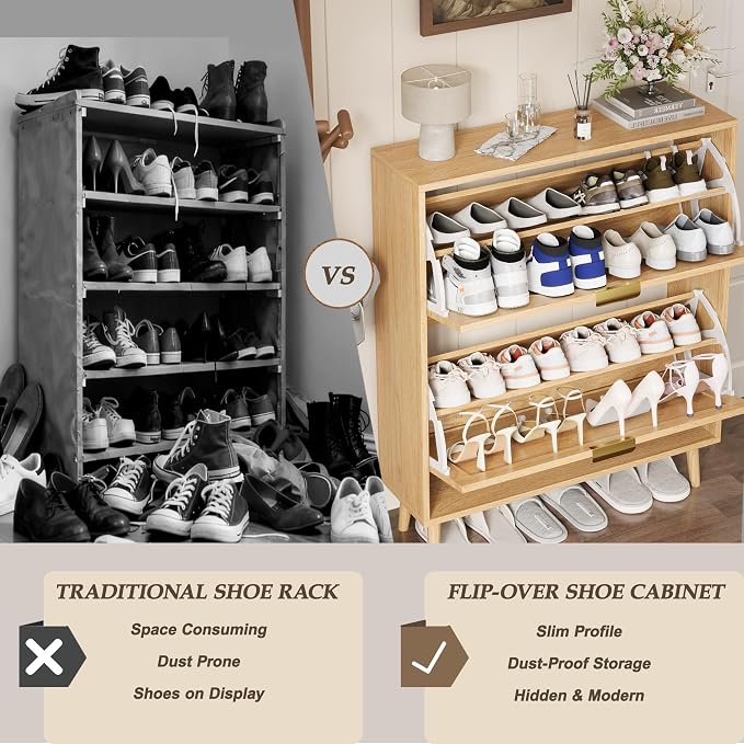 Shoe Storage Cabinet with 2 Flip Drawers, Narrow Wood Shoe Organizer Cabinet with Fluted Panel, Slim Shoe Rack for Entryway, Freestanding Shoe Cabinet for Living Room, Hallway, Wood Color