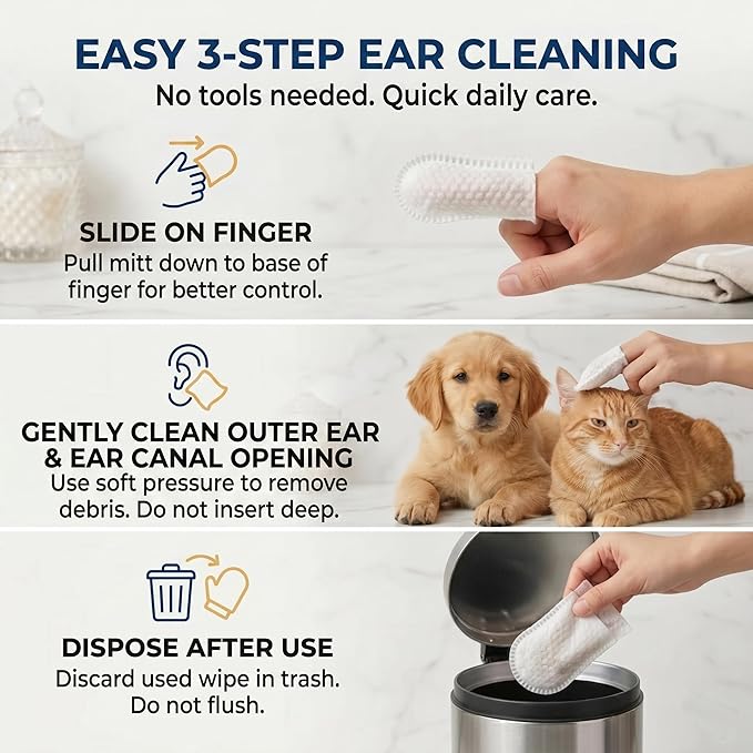 Dog Ear Wipes - 150 Count Finger Ear Cleaner for Dogs and Cats, Alcohol Free Plant Based Ear Cleaning, Remove Wax Dirt Odor