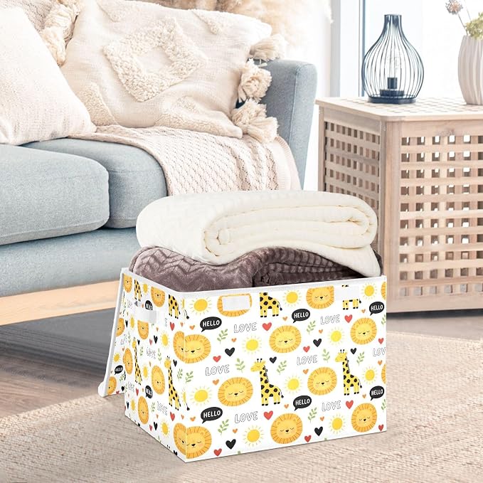 Storage Bins with Lid Giraffe Lion Foldable Storage Boxes 40L Baskets | Decorative Storage Boxes, 300D Oxford Cloth, Hollow Board Frame, Flip Top Velcro Lid, 16.5x12.6x11.8 inch, Collapsible Design