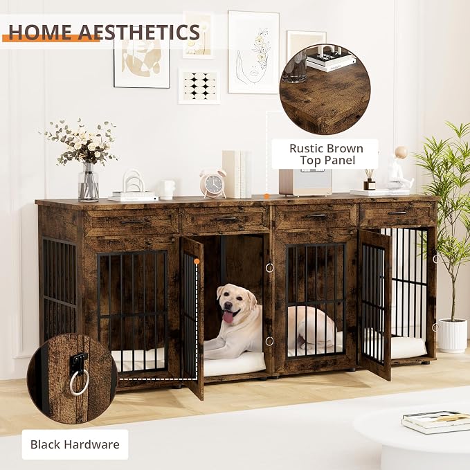 VOWNER 87" Dog Crate Furniture for 2 Dogs, Double Dog Cage Furniture, Brown | Extra Large Wooden Dog Kennel with 4 Drawer, Removable Divider, Furniture-Style TV Stand, XXL Dog Crate for Large Medium Dogs