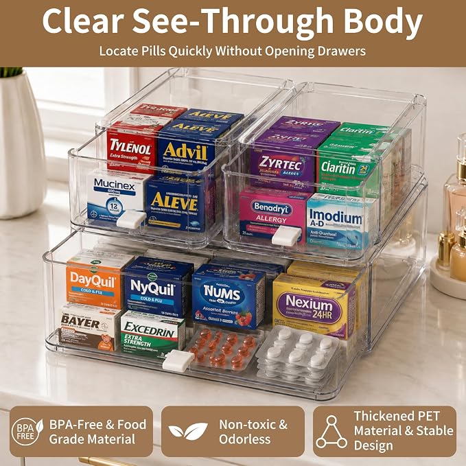 Pull Out Medicine Cabinet Organizer, Clear Acrylic Drawer Storage Organizer with Sliding Trays, Stackable Bathroom Countertop Medication Caddy for Vitamins, Pills, First-Aid Supplies