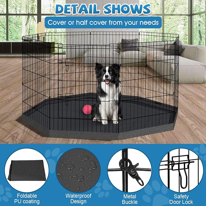 Peekaboo Dog Playpen 30 in, 8 Panel Metal Rustproof Pet Fence with Cover | 30 Inch 8 Panel Foldable Rustproof Black Metal Dog Playpen with Octagonal Waterproof Bottom Cover