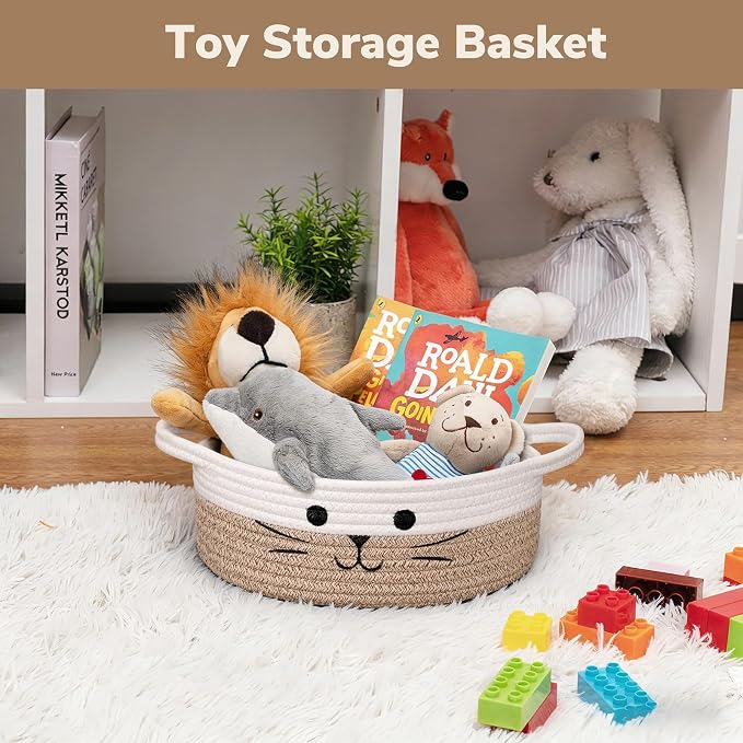 Small Woven Rope Cat Toy Basket with Cat Face Design, White Brown | 9.8" x 4" Cute Cat Basket for Living Room, Decorative Baby Storage Basket, Pet Gift Basket Empty with Sturdy Handles
