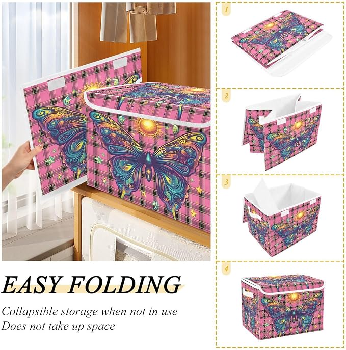 Fabric Storage Bins with Lid Butterfly Closet Bedroom 40L Storage Basket | Decorative Storage Boxes, 300D Oxford Cloth, Hollow Board Frame, Flip Top Velcro Lid, 16.5x12.6x11.8 inch, Collapsible Design