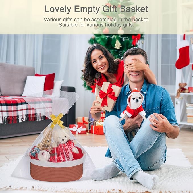Small Empty Gift Basket with Bag & Ribbons, White&Autumn Glaze | 12“x8”x5”, Cotton Rope Woven Basket for Birthdays, Baby Showers, Mother's Day, Christmas; Stores Small Items, Kids & Pet Toys