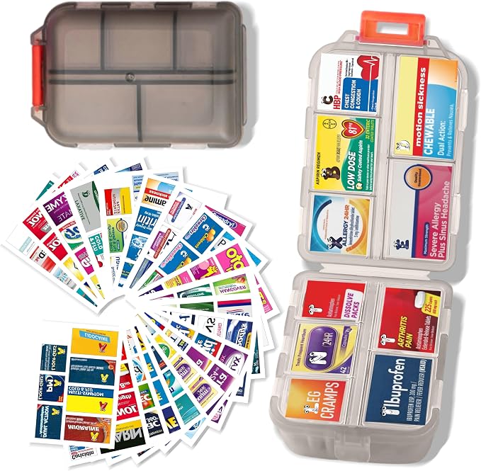 Large Pill Organizer with 161 Medicine Labels, Travel Pill Case | Gray Large pill case with 10 compartments and 161 medicine labels for 7-day planning, vitamins, supplements, daily use