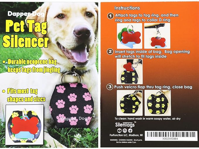 Dapper Dog - Dog Tag Silencer with Tag Ring (Black with Pink Paw Prints)