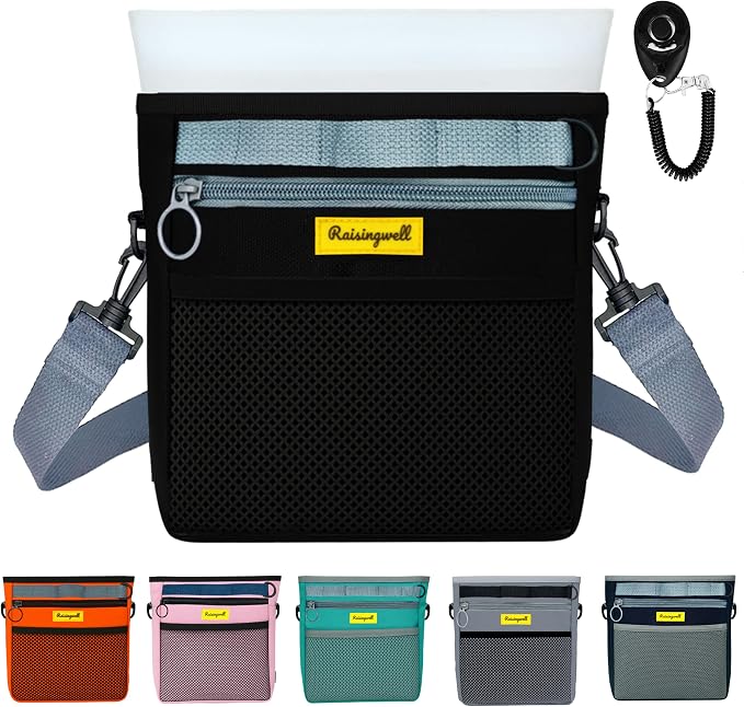 Raisingwell Dog Treat Pouch with Magnetic Closure 4-Cup Silicone Bag Fanny Pack Holder with Clicker 4 Ways to Wear Front Pocket Fits All Phones Ideal for Leash, Pet Walking and Training（Black）