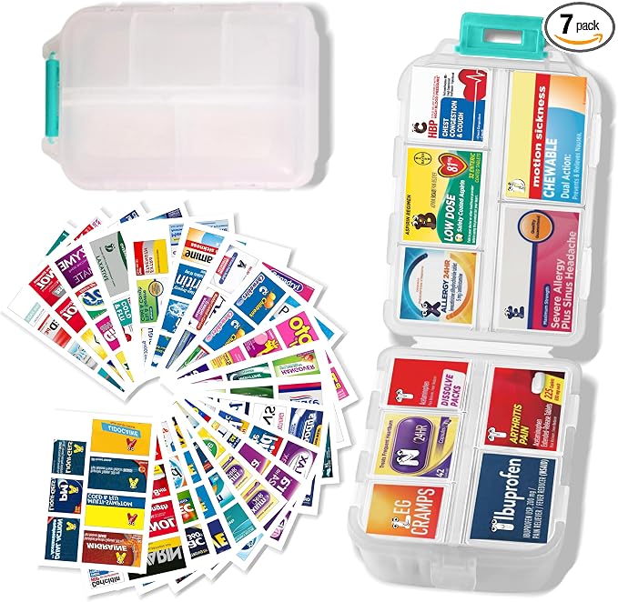 Large Pill Organizer with 161 Medicine Labels, Travel Pill Case | White Large pill case with 10 compartments and 161 medicine labels for 7-day planning, vitamins, supplements, daily use