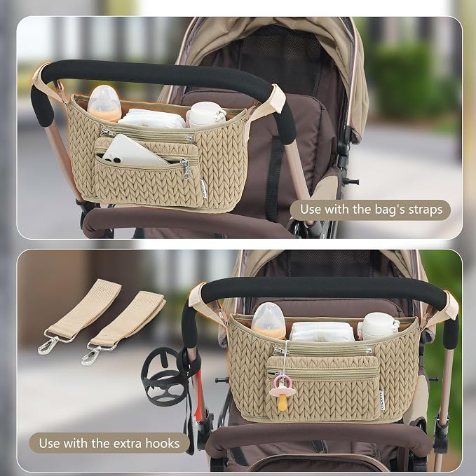Stroller Organizer - Stylish 3D Herringbone Quilting Nylon, Universal Fit, Detachable Bag, Adjustable Multi-Storage for Baby Essentials