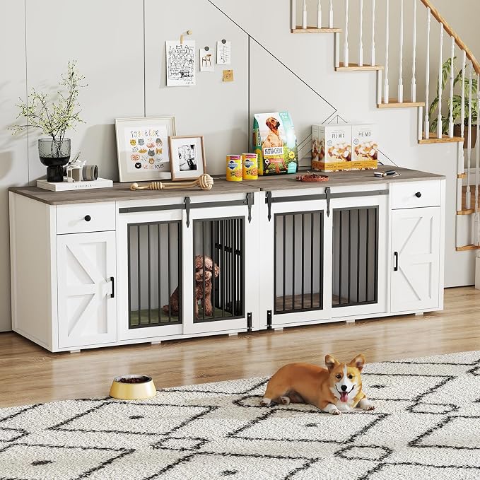 Verano Garden 88" Dog Crate Furniture, Dog Kennel Cage, White (88") | 2-in-1, Lockable, Decorative, Sliding Door, Removable Divider, Adjustable Shelf, Farmhouse, Heavy Duty, Small Medium Dogs