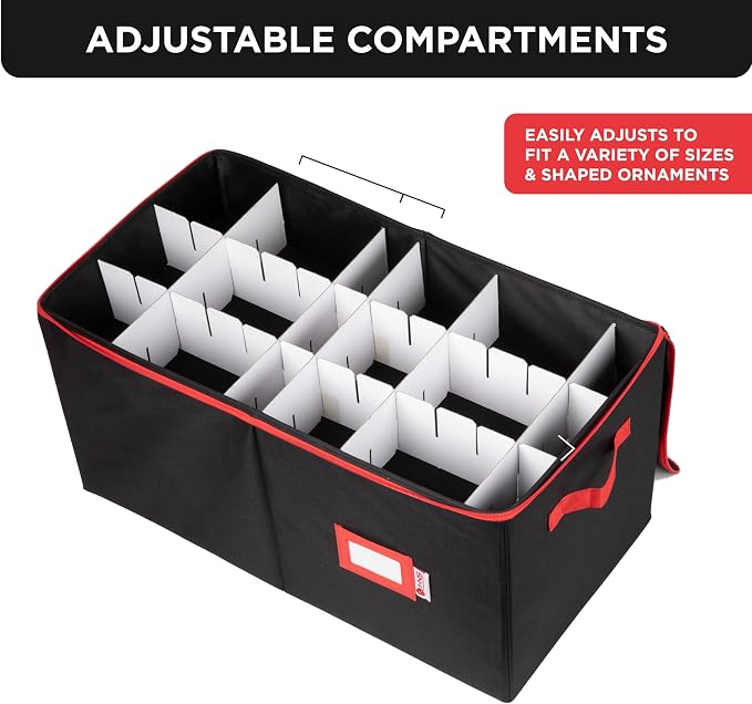 Christmas Ornament Storage Container with Dividers - Box Stores Up to 54 Ornaments, Zippered, Convenient, Adjustable, Large Organizer Bin to Protect Holiday Décor, Fits Most Standard Size, Black