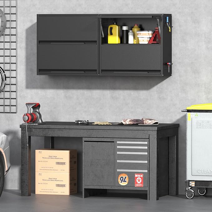 Metal Garage Wall Cabinet with Up-Flip Door, Black Float Tool Cabenit with 2 Doors,Upper Storage Cabinets with Pegboard for Kitchen,Garage,Workshop,Warehouse (25.6" H,Black)