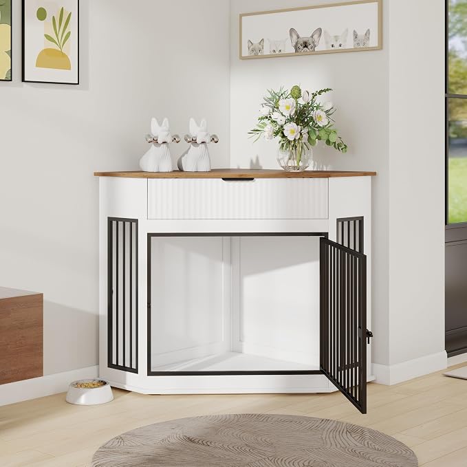 44.6" Corner Dog Crate Furniture for Small Medium Dogs, Modern Medium Size Decorative Dogs Crates End Table with Fluted Drawer, Wooden Dog Cage Kennel Furniture for Home Décor, White