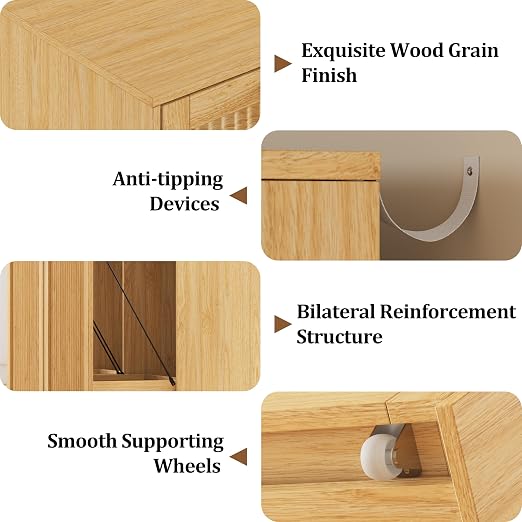 2 X 13 Gallon Pull Out Trash Can Cabinet, Double Trash Cabinet, Natural Oak | Fluted Kitchen Trash Cabinet with Drawers, Freestanding Hidden Garbage Pet Proof Trash Can Holder for Laundry, Living Room