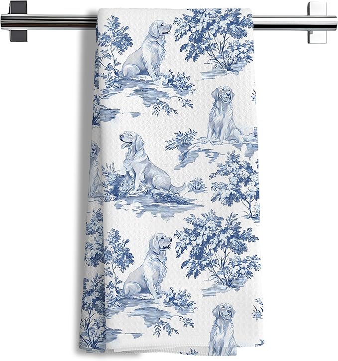 Chinoiserie Floral Golden Retriever Kitchen Towels, Blue and White Floral Golden Retriever Decorative Dish Tea Towels, Grandmillennial Botanical Dog Hand Towels for Kitchen Bathroom, 16x24 Inch