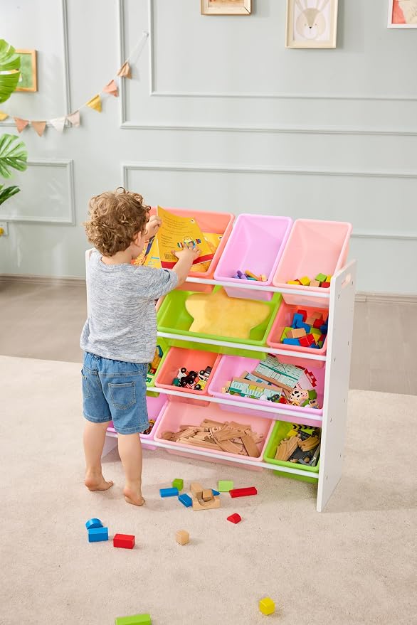 Amazon Basics Kids Toy Storage Organizer with 12 Plastic Bins, White Wood with Pink Bins, for Bedroom and Playroom, 33.85"D x 12.79"W x 35.42"H