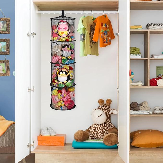 Hanging Stuffed Animal Storage Hammock Net 4 Tiers, Black | Hanging Mesh Storage Organizer for Kids Room, Holds Plushies, Gloves, Hats, Socks, Foldable Space-saving Design