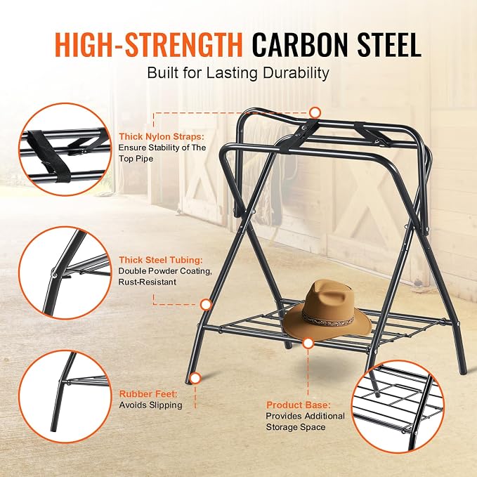 VEVOR Folding Saddle Rack, 2 Packs Freestanding Horse Saddle Stand, Portable Horse Blanket Holder, Heavy Duty Steel Saddle Rack for English & Western Saddles, Tack Storage, 28 x 19 x 37.5 in, Black