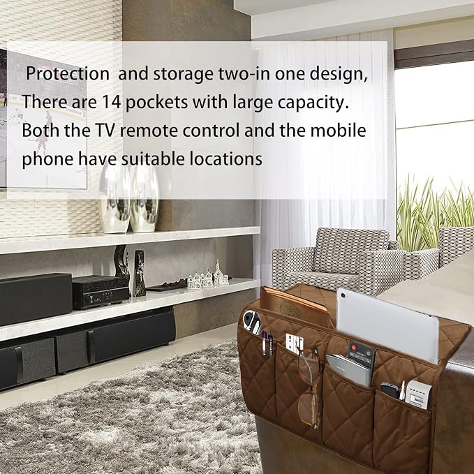 Armchair Caddy,Non Slip Recliner Organizer,Waterproof Sofa Armrest Organizer, Remote Control Holder for Recliner.Chair Arm Organizer with 14 Pockets for TV Remote, Phone, Magazine