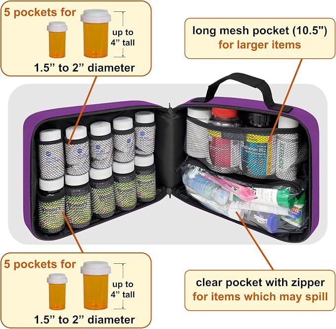 Large Pill Bottle Organizer & Medicine Bag for Travel, Purple | Prescription bottle organizer with 10 bottle pockets and padded storage for medication bottles, supplements, vitamins