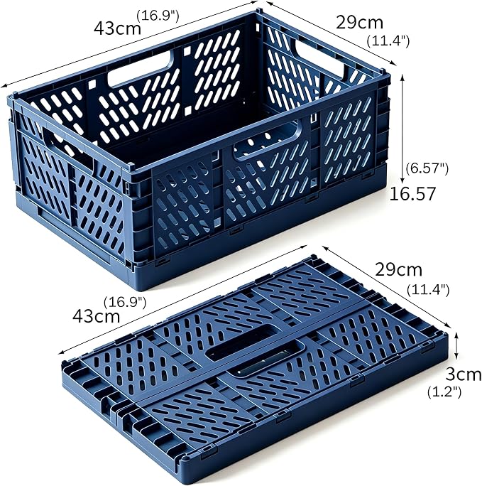 Tobeso-Nuoze 2 Pack Pastel Plastic Storage Baskets-20L Space-Saving Bins | Plastic Collapsible Storage Crates Foldable Plastic Crates for Storage Collapsible Crates for Organizing (Dark Blue)