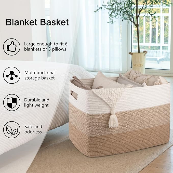 OIAHOMY 108L Extra Large Blanket Basket Dog Toy Basket Light Brown | Rectangle Woven Baskets for Storage Cotton Rope Basket For Living Room Toy Storage Blanket Storage Laundry Basket