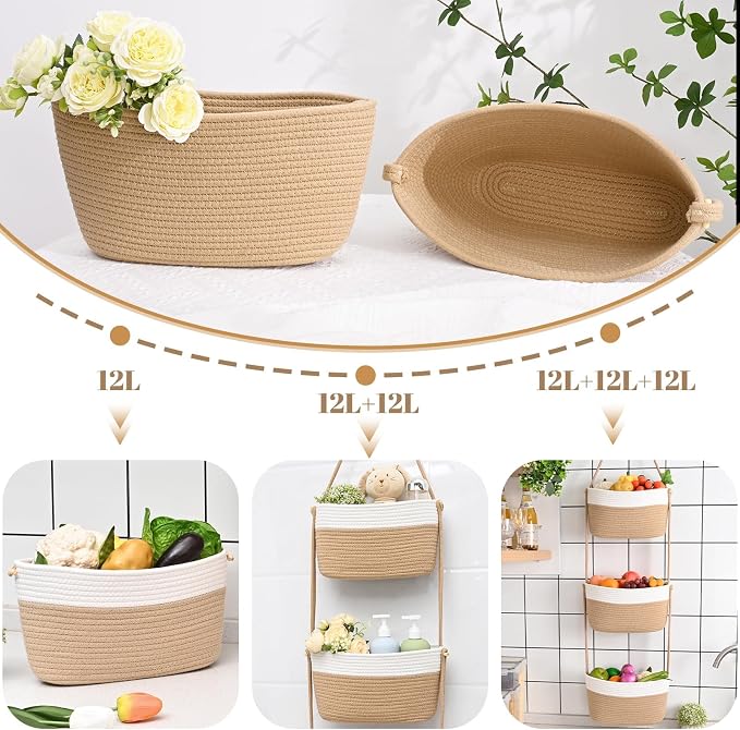 Hanging Basket, 3-Tier Woven Wall Basket with 4 Hooks, Cotton Rope Storage Baskets, Over the Door Organizer for Nursery, Bedroom, Cottage and Boho Wall Decor