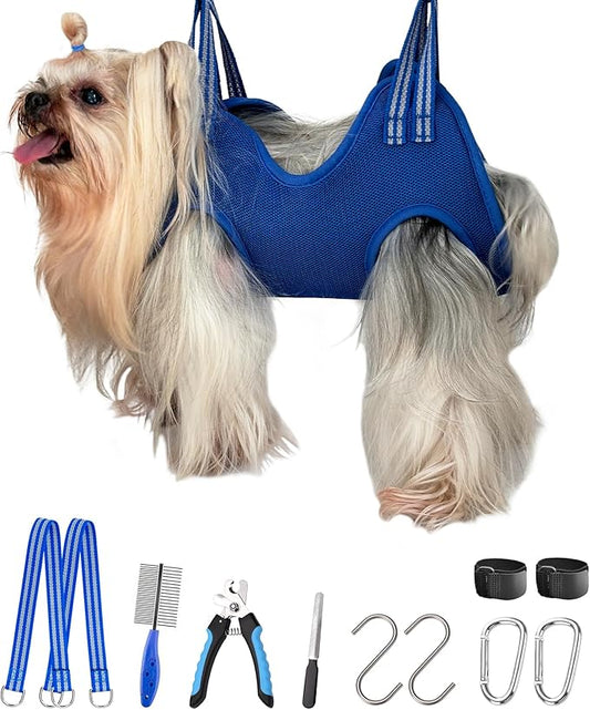 Kkiimatt 10 in 1 Dog Grooming Hammock Harness with Nail Clippers, Nail Trimming Hammock for Pet, Grooming Sling Hanger Holder Restaint for Nail Trimming/Clipping (XXS/Under 10lb Blue)