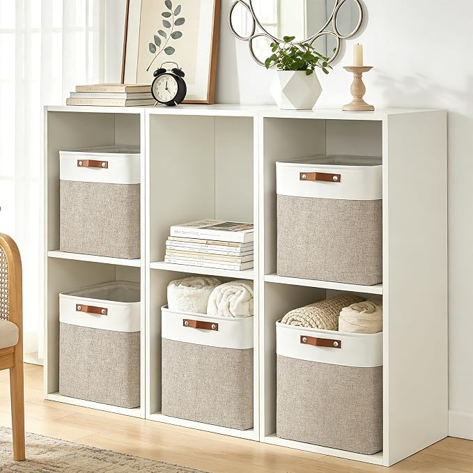 Bagnizer Large Fabric Storage Baskets | 50L Storage Bins, Decorative Linen Closet Baskets with Handles for Organizing, Shelf, Toys, Clothes, Home, Office, Nursery, 17x12x15Inches (Beige&White)