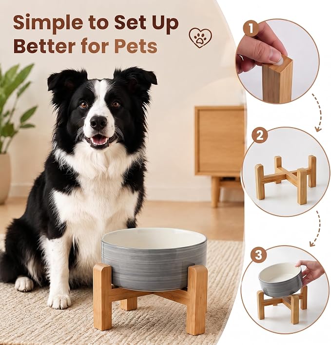 hjn Elevated Ceramic Dog Bowl with Bamboo Stand, Raised Pet Feeding Station for Small Medium Dogs Cats, Modern Design with Anti-Slip Base (White Gray, 7.6Cup)