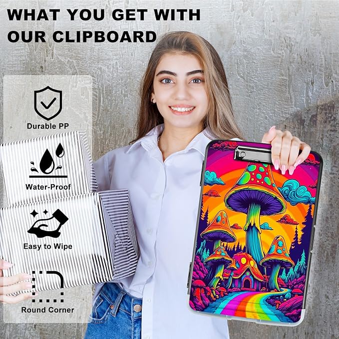 Rainbow Road Mushroom A4 Clipboard with Storage Pen Holder, Clipboards Organizer Nursing Clipboard Foldable File Folder Plastic Clipboard Folio Clip Board for Office Students Classroom
