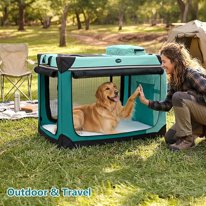 Ownpets Collapsible Dog Crate, 42 inch Portable Travel Dog Crate for Large Dogs, 4-Door Foldable Pet Kennel with Durable Mesh Windows & Soft Mat | Foldable, Portable, 4-Doors, 4-Side Mesh Windows, Steel Frame Oxford Cloth, Soft Cushion Mat, Leash, Easy...