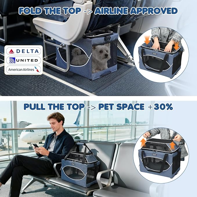 Lekereise Top-Expandable Pet Carrier 18x11x11Inch Delta American United Airline Approved Underseat to 15lbs Stable Car Travel Carriers for Small Dogs Cats with Locking Safety Zippers Anti-Scratch Mesh