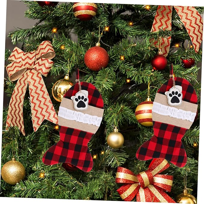 Gogogmee 1pc Christmas Stocking Pouch Bag and Red Plaid Design for Pet Holiday Storage and Decorations for Filling Treats and Presents