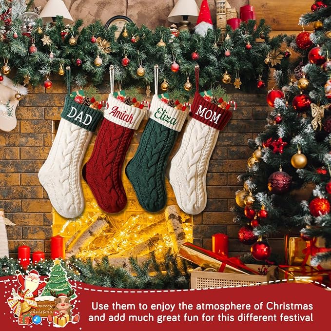 Personalized Christmas Stockings, 18" Large Custom Knit Christmas Stockings with Embroidery Name, Color-Contrast Twisted Stocking for Xmas Holiday Decoration(1 Pcs)