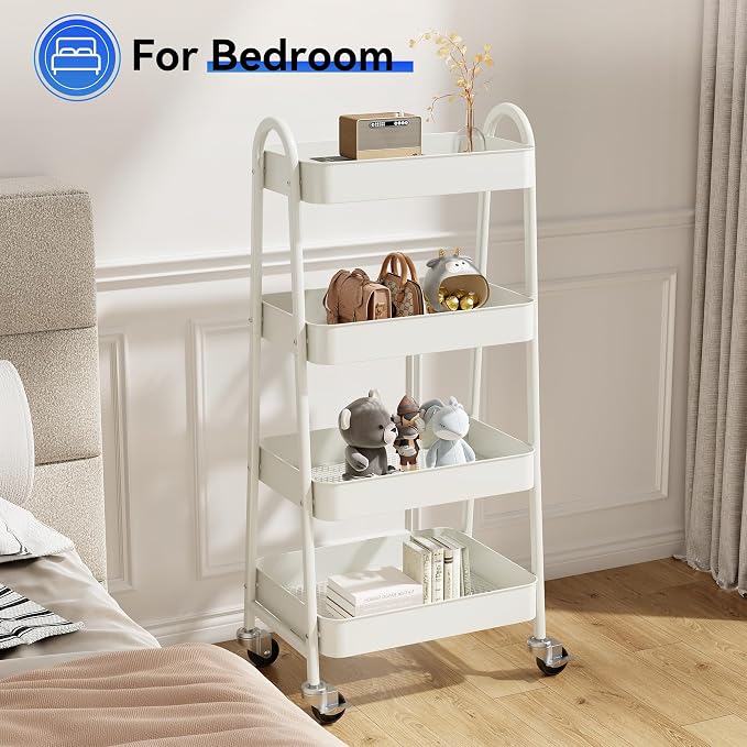 OLIXIS Metal 4 Tiers Rolling Storage Utility Cart with Lockable Wheels | Mobile Organizer Shelf, Space-Saving, Freestanding, Bathroom, Living Room, Slim, Narrow Corner Spaces, White