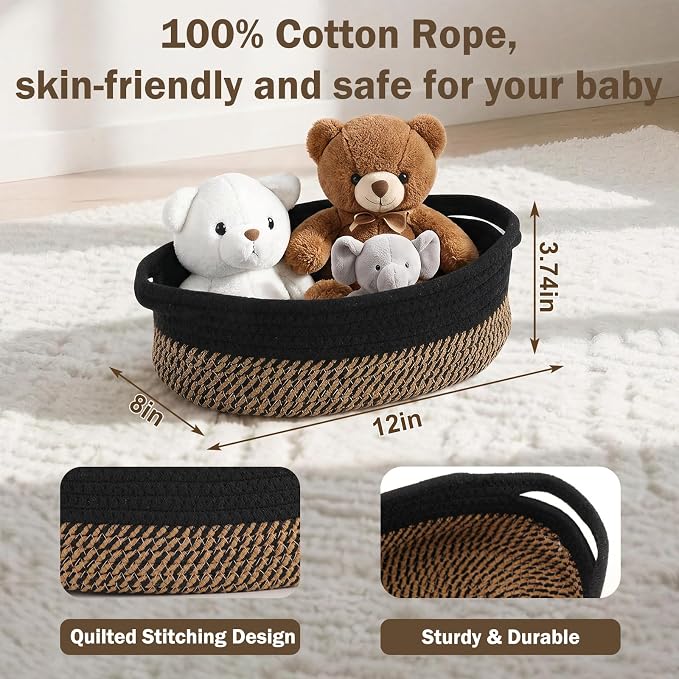 Basket for Gifts Empty, Small Woven Basket with Bags and Ribbons, Baby Toy Baskets with Handles, Wicker Storage Bin for Baby Showers or Pet Toy (Black & Brown, 1 Pack (12"x 8"x 3.74"))