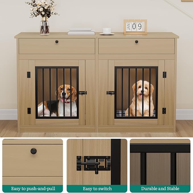 YITAHOME 60" Dog Crate Furniture with Removable Divider & Storage Drawers | Double Door Kennel with Locks for Medium and Large Dogs, Multi-functional Dog Crate End Table, Light Beige