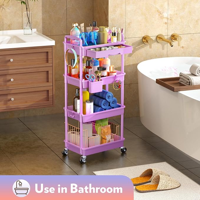 SUNALLY Makeup Cart Organizer with Drawer,4 Tier Rolling Makeup Cart,Purple | Rolling Vanity Storage for Skin Care Perfume Nail Polish, Floor Skincare Organizers Cosmetics Display Bathroom Storage Cart